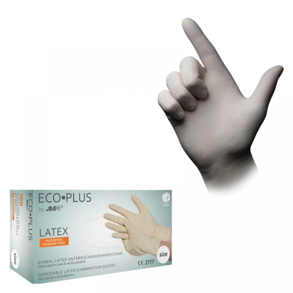 Ampri-Hygiene, Einweg-Latex-Einmal-Untersuchungs-Handschuhe, ECO PLUS, puderfrei, transparent, Pkg á 100 Stück, VE = 10 Pkg.