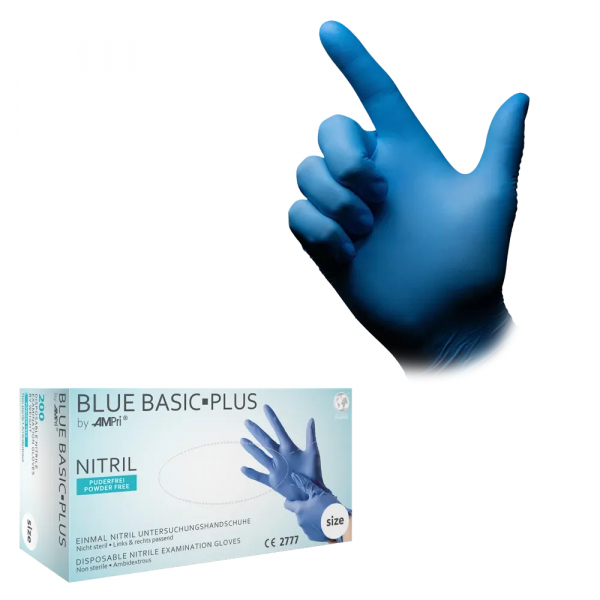 AMPRI-Hygiene, Einweg-Nitril-Einmal-Handschuhe, BLUE BASIC PLUS, puderfrei, unsteril, Pkg á 200 Stück, VE = 10 Pkg, blau