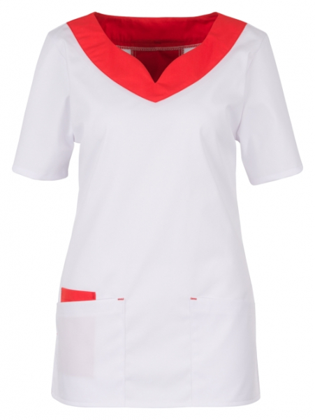 BEB-Jobwear, Damenkasack, Arbeits-Berufs-Kasack, Stretchgewebe, 215 g/m², weiss/rot