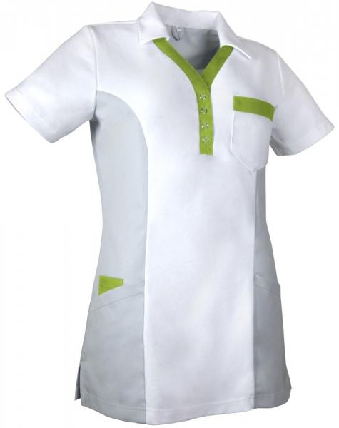 Teamdress-Jobwear-Service, Damen-Polo-Kasack, Arbeits-Berufs-Kasack, weiß/grau/kiwigün