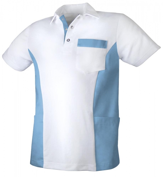 Teamdress-Jobwear-Service, Herren-Polo-Kasack, Arbeits-Berufs-Kasack, mit Brusttasche, weiß/azurblau